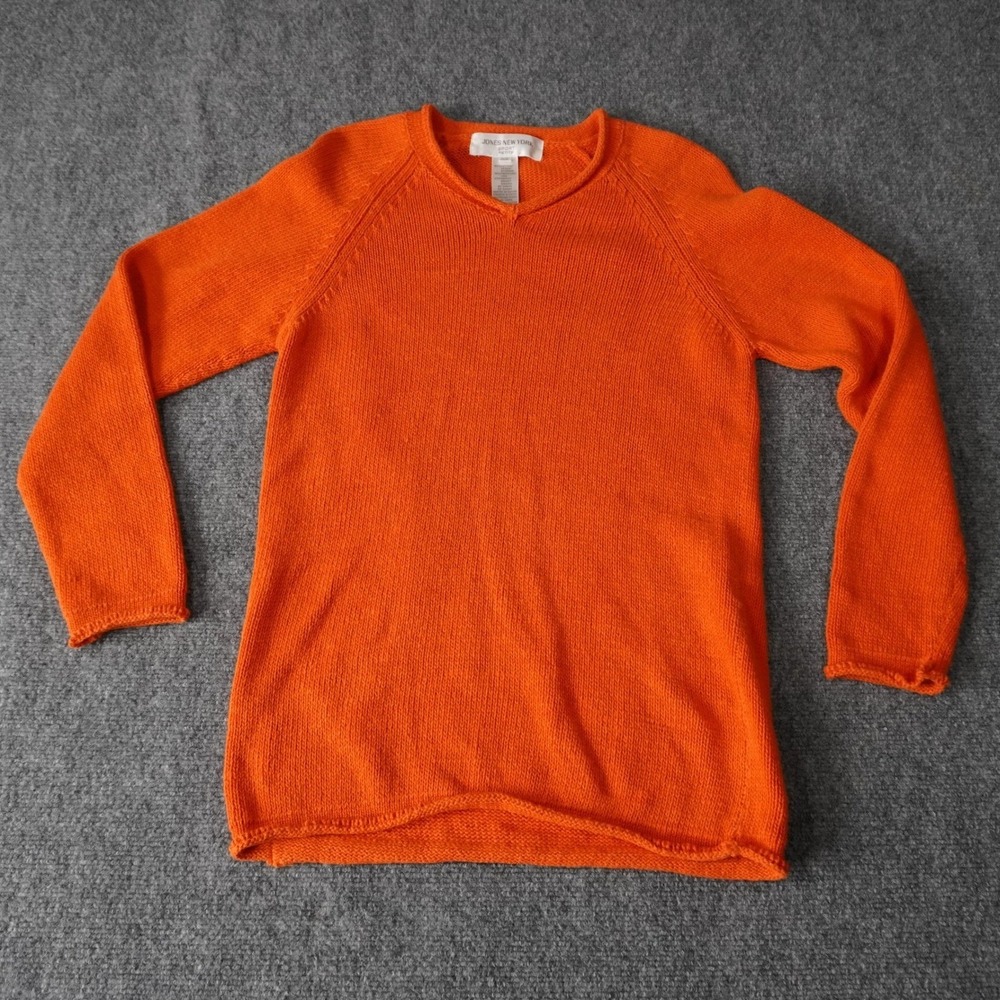 Jones New York Sport Petite Orange Cotton Linen Ramie V Neck Knit Sweater